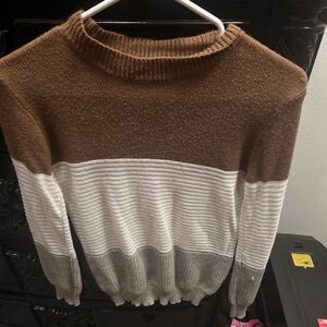 SHEIN Brown, White, and Gray Cowl Neck Sweater